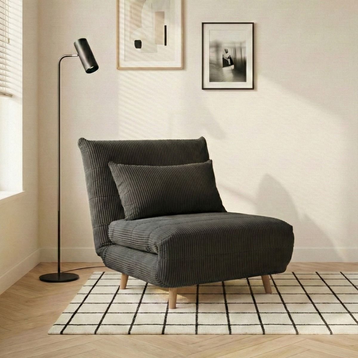 Sofa SOLACE 1-osobowa, z funkcją spania sztruksowa czarna 83x91x84 cm