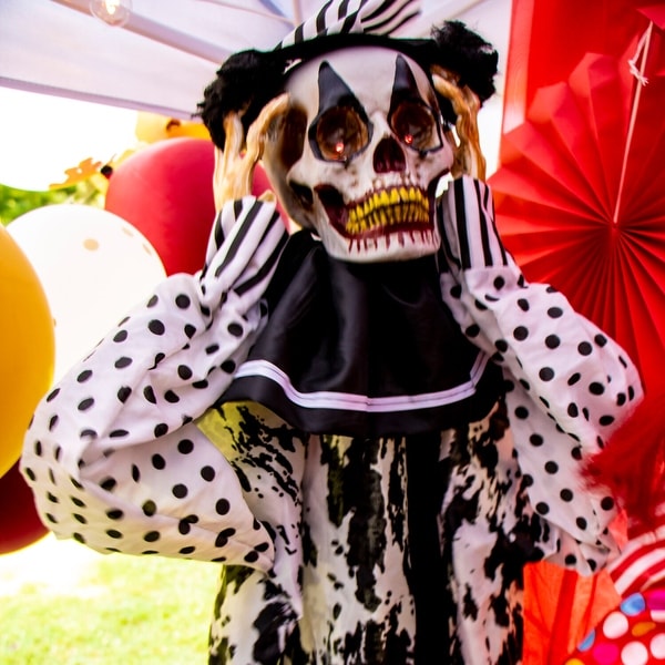 Haunted Hill Farm 5.75-Ft. Animatronic Clown, Indoor/Covered Outdoor Halloween Decoration, Red LED Eyes, Poseable, Tucker