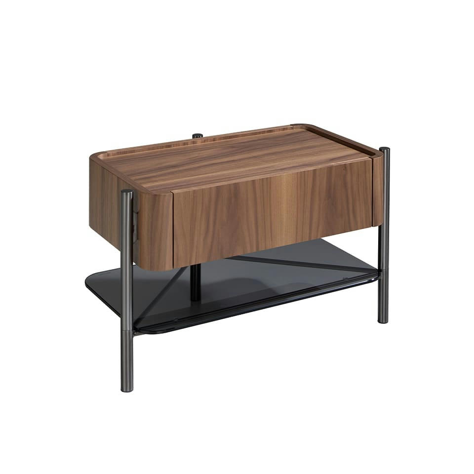 - Table de chevet effet bois noyer et acier gris