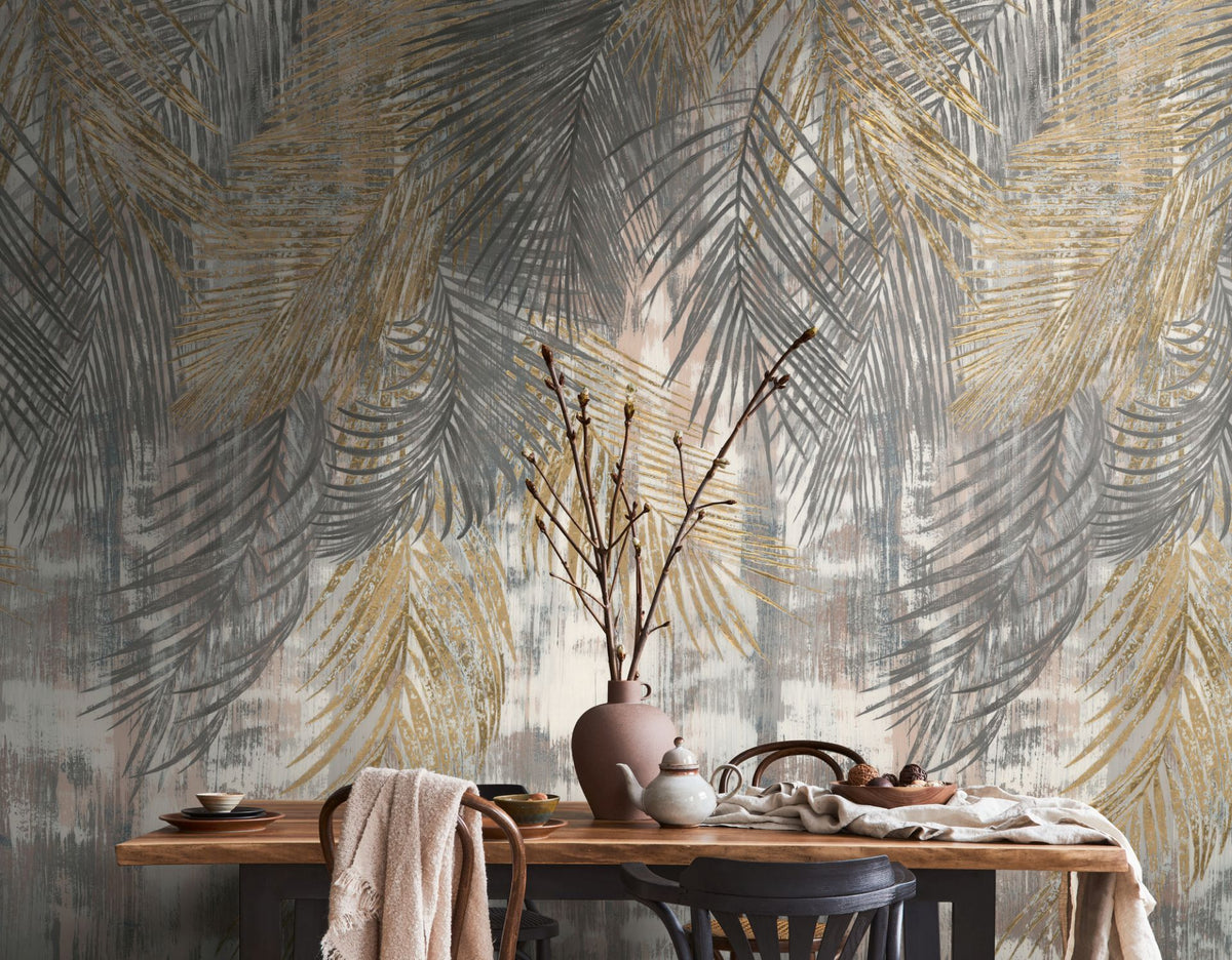 Livingwalls fotobehang tropische bladeren grijs, geel, beige en wit - 159 x 280 cm - AS-392611