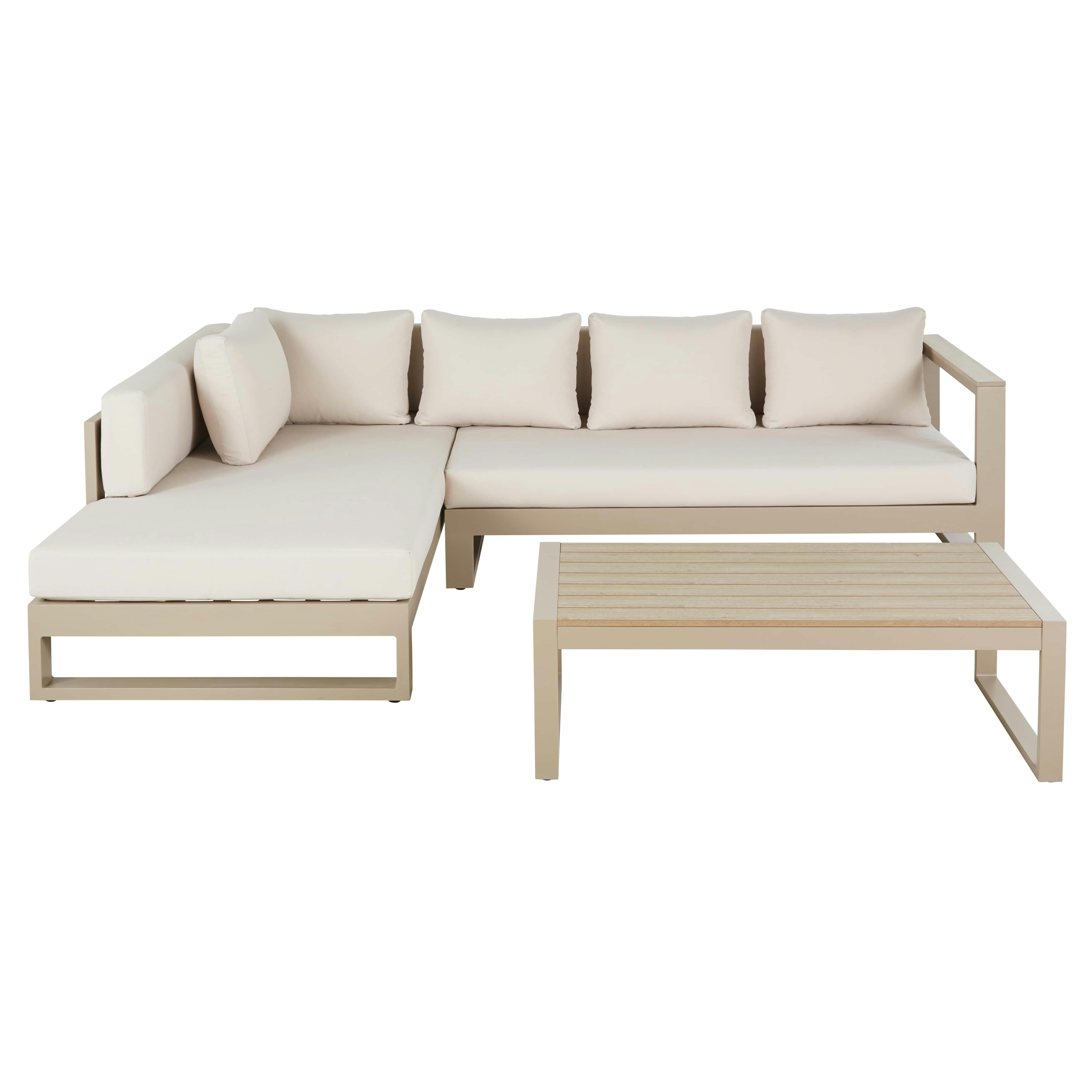 Thetis - Ensemble canapé d'angle de jardin 4/5 places et table basse en aluminium taupe et écru