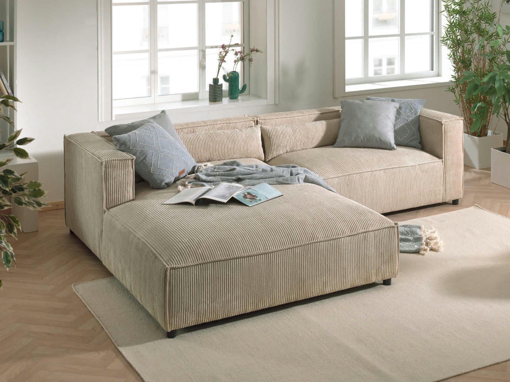 ELA - Canapé d'angle gauche 4 places en velours côtelé beige