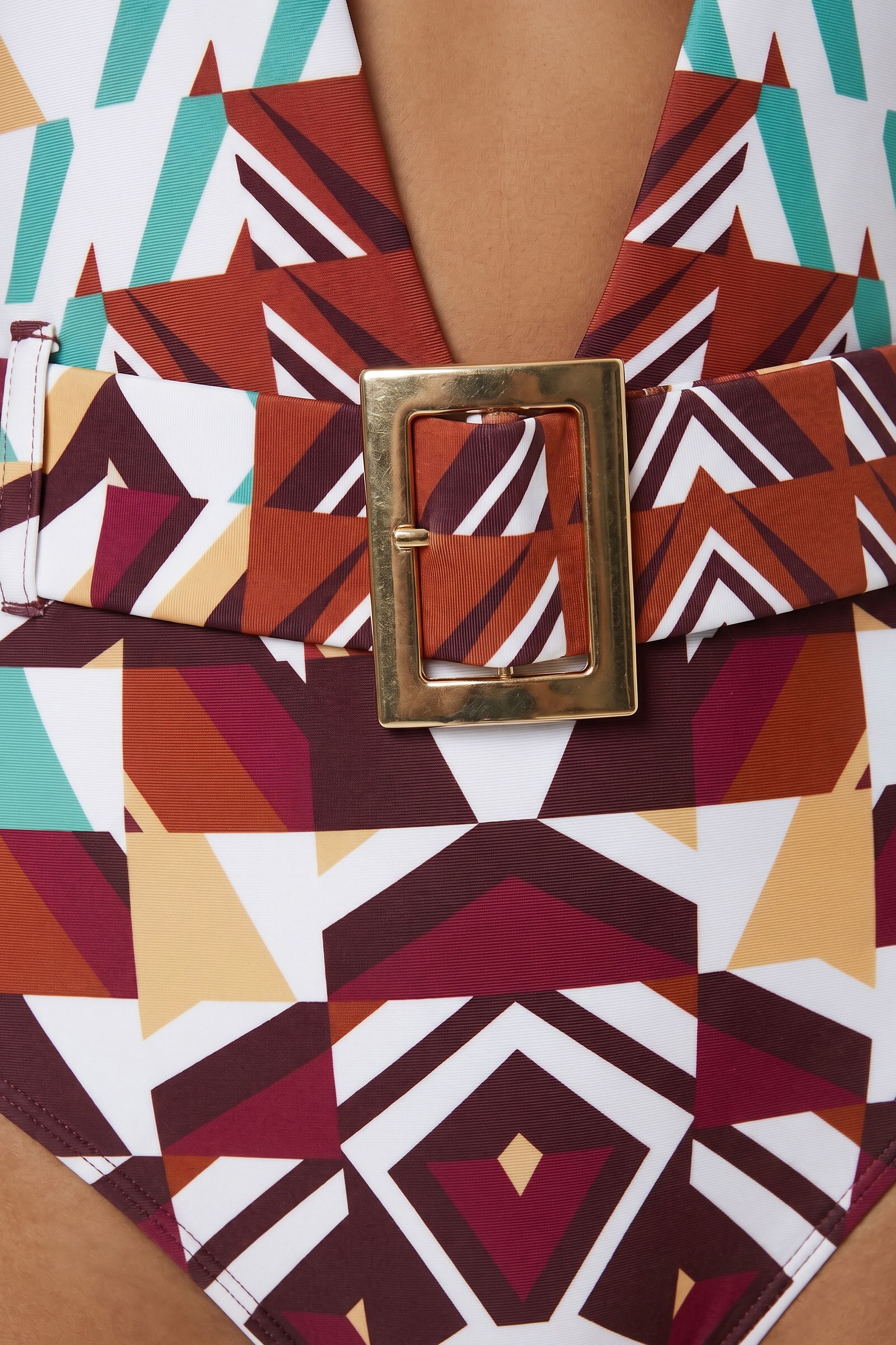 KarenMillen Chain Detail Printed Plunge Swimsuit