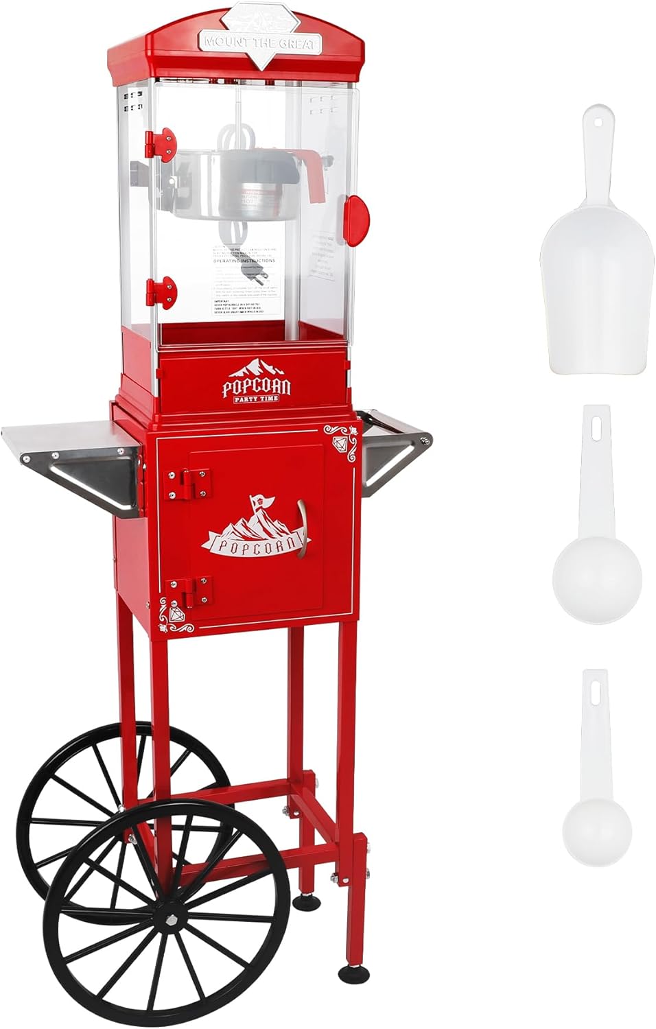 Vintage Popcorn Machine with Cart & Wheels, 10 Oz Stainless Steel Kettle Popcorn Maker, Movie Theater Style Popcorn Popper Makes Up to 40 Cups, Includes Measuring Spoons, Home Theater & Commercial Use
