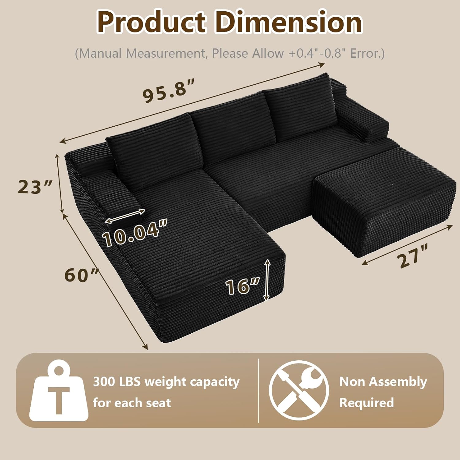 96 U-Shape Cloud Couch, Modern Modular Sectional L-Shape Sofa with Ottoman, Corduroy Upholstered Couches Deep Seat Sleeper Chaise Longue for Living Room, No Assembly Required(Black, Left Facing)