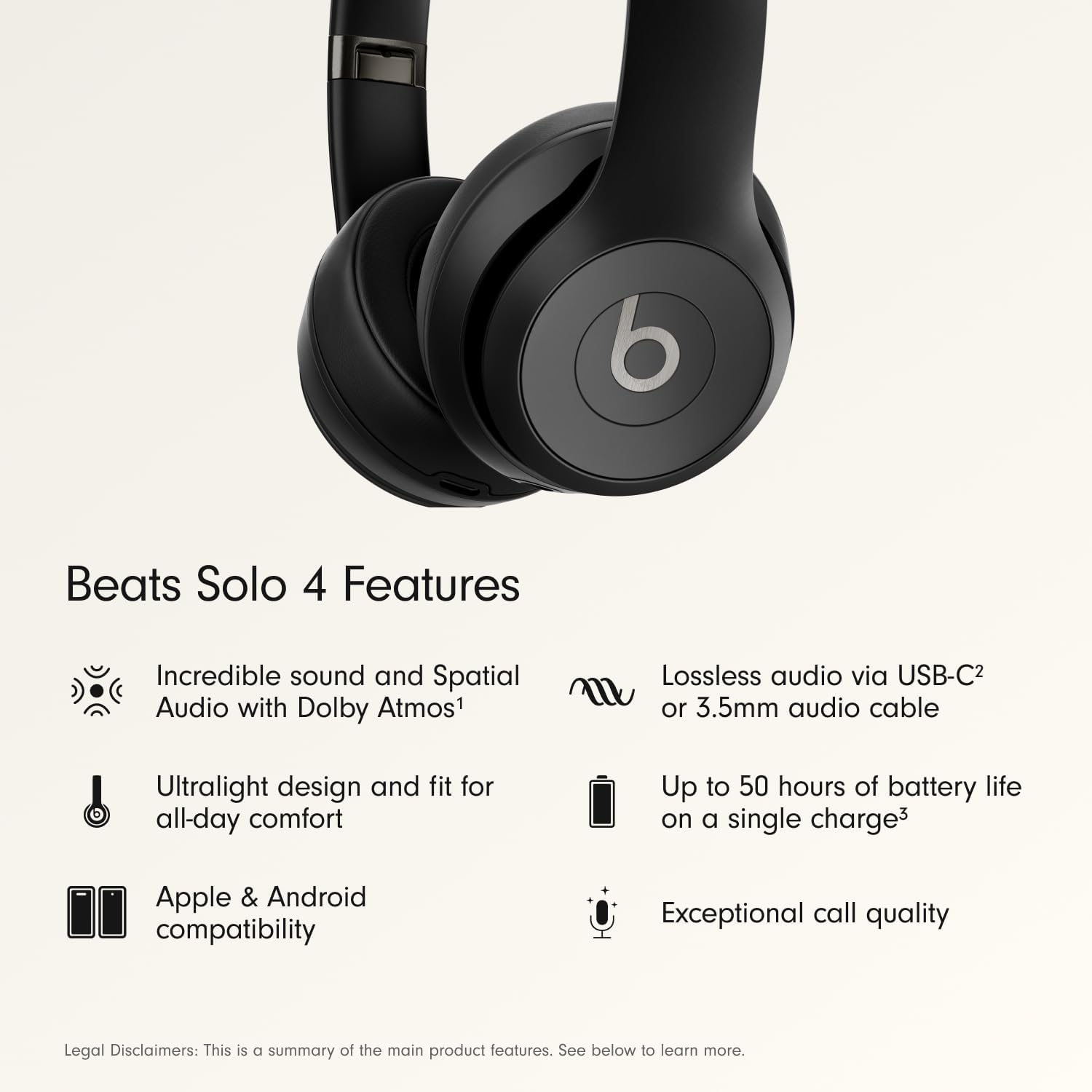 Beats Solo 4 - Wireless On-Ear Bluetooth Headphones, Up to 50-Hour Battery Life, Ultra-Lightweight Comfort, Powerful and Balanced Sound, Apple & Android Compatible - Matte Black