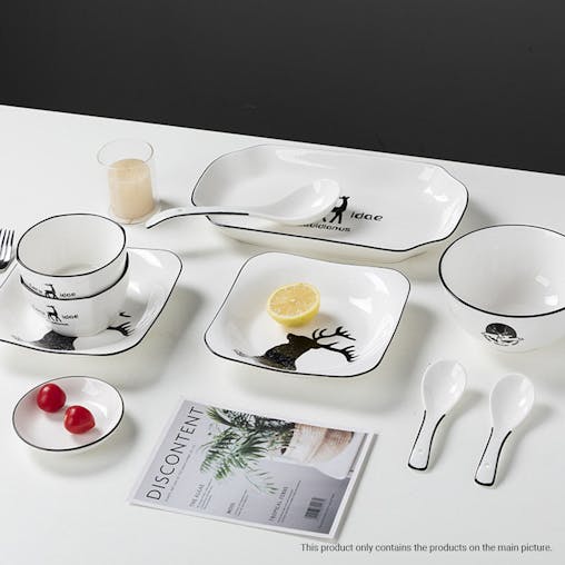 SOGA White Antler Printed Ceramic Dinnerware Set Crockery Soup Bowl Plate Server Kitchen Home Decor Set of 20
