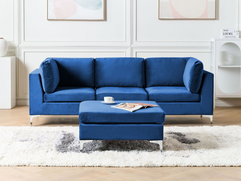 Sofa modułowa z pufą kanapa welurowa niebieska