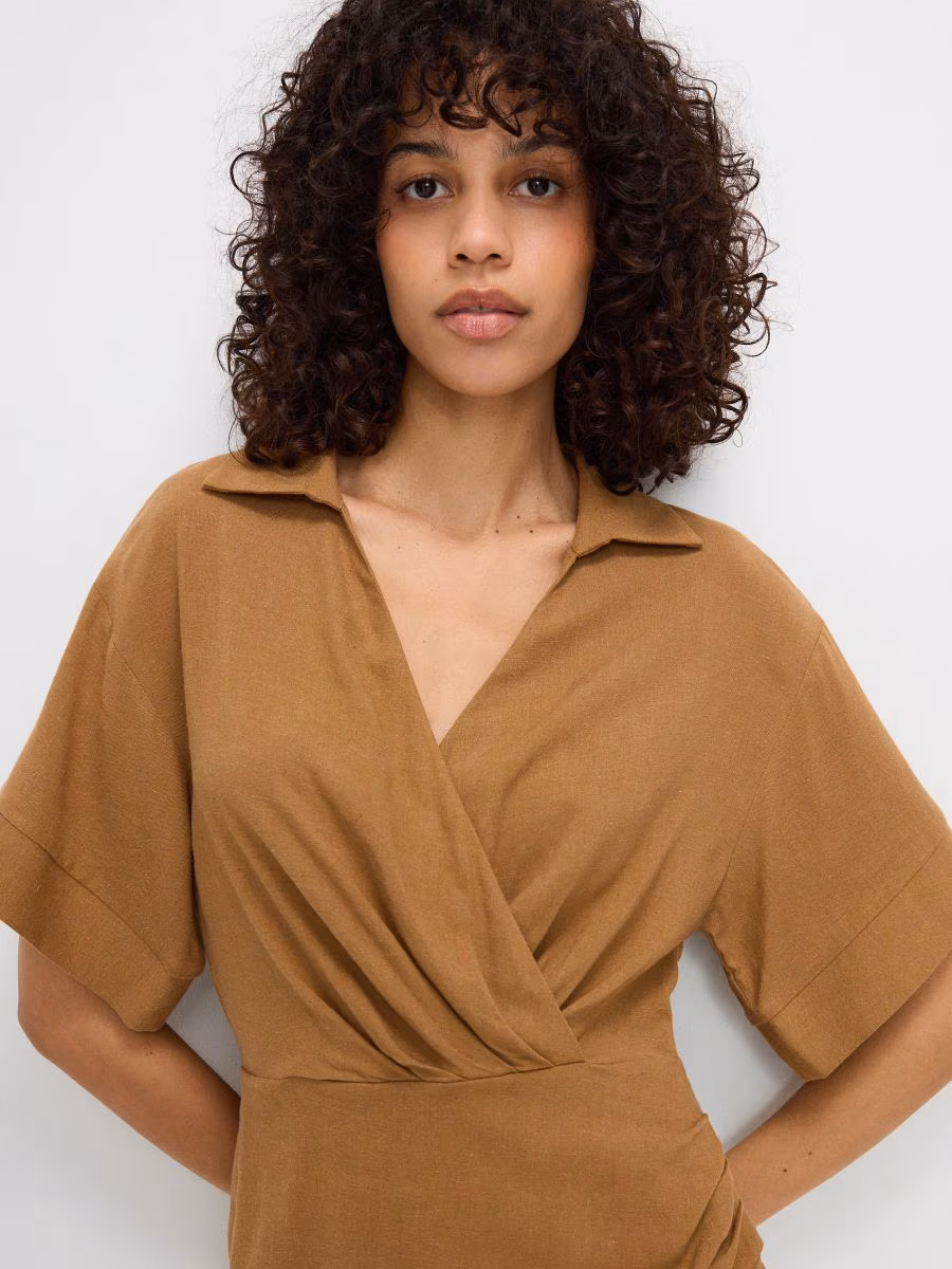 Wrap Front Mini Dress With Linen Blend