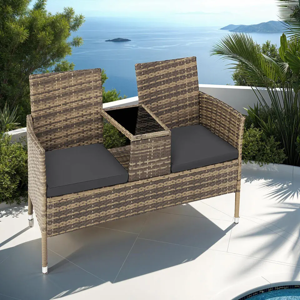 tectake Wicker tuinbank met tafel, Natuur/Donkergrijs