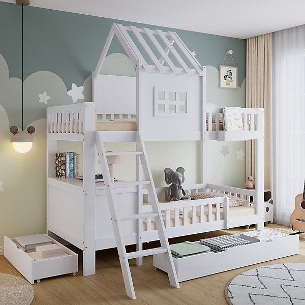 Lit superposé 90x200 cm - Lit enfant avec structure en MDF - Bois massif   MDF - Sans matelas - Blanc