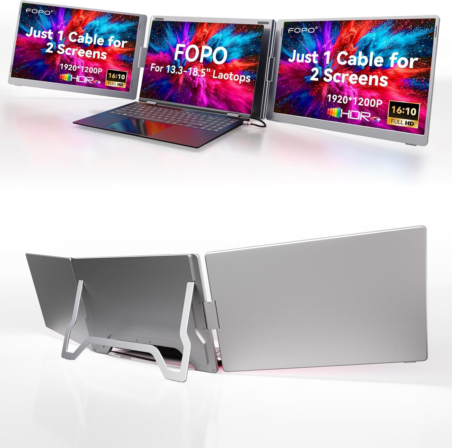 FOPO 16 Laptop Screen Extender Monitor Portable  Quad Monitor  Just 1 Cable for 3 Screens  FHD 1080P IPS Laptop Extender Compatible with Wins/Mac for 13.6 - 18.5 Laptops