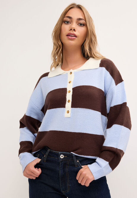 Womens Blue Stripe Rugby Collar Jumper