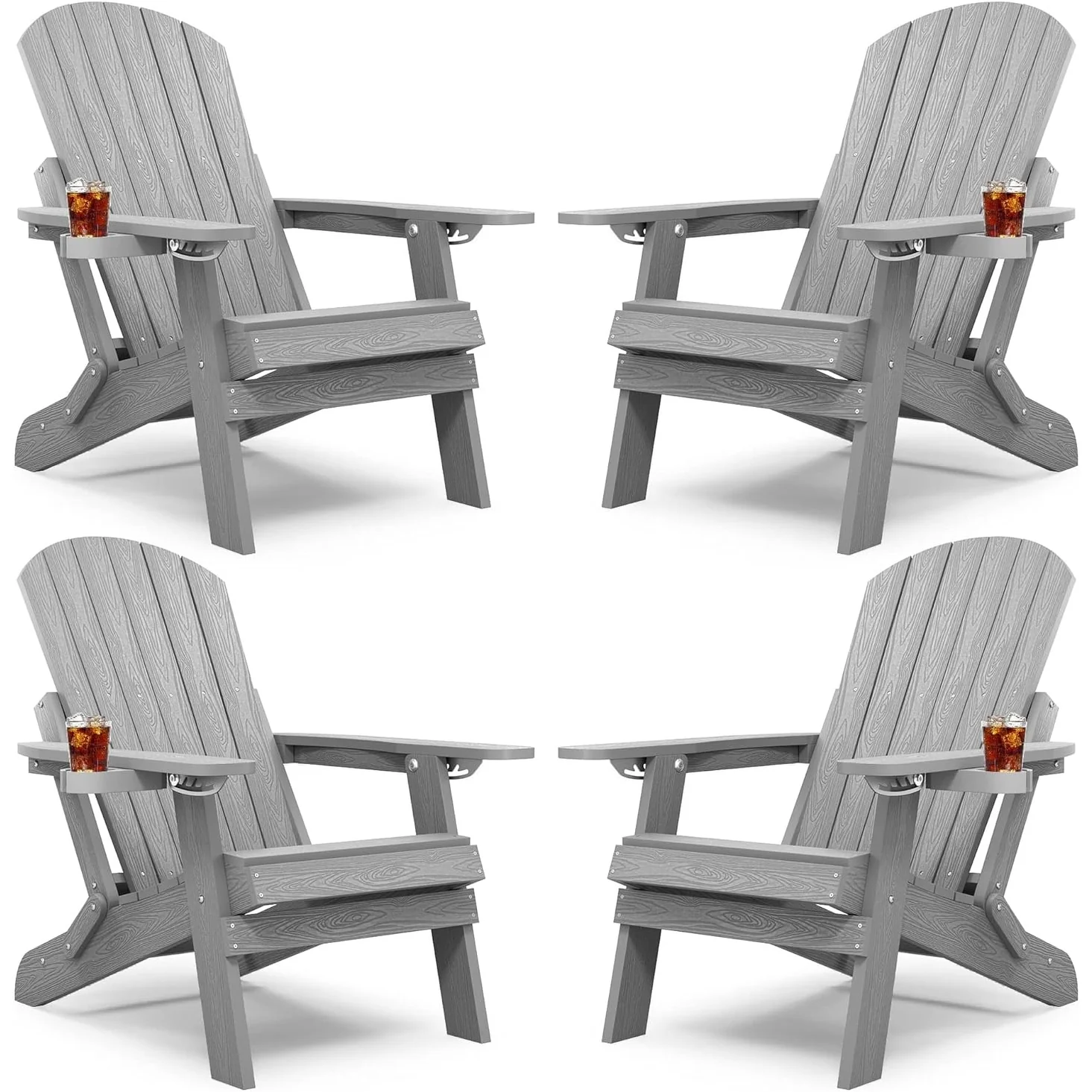 WINSOON All Weather HIPS Folding Adirondack Chair with Ottoman, 5-Gear Adjustable Backrest and Retractable Ottoman Set of 4