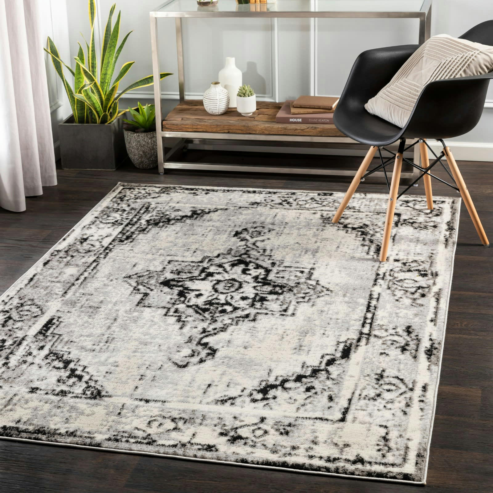 JOANNA - Tapis Vintage Oriental Blanc/Gris/Noir 152x213