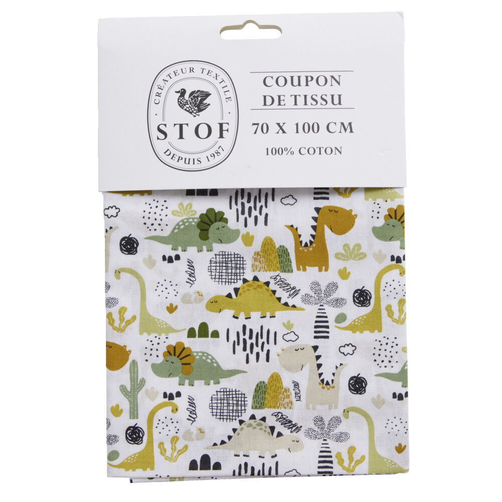 Coupon tissu imprimé dinosaures 70x100cm coton blanc, vert et orange