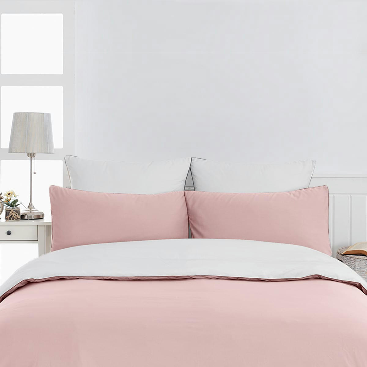 DOZMARY - Housse de couette bicolore en percale coton Poudre/Blanc 200x200 cm