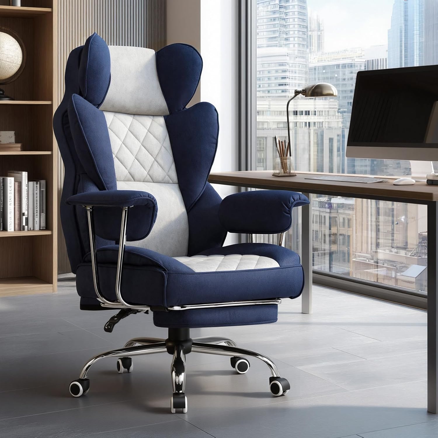 GTPLAYER Gaming Chair,Office Chair with Pocket Spring Lumbar Support, Ergonomic Comfortable Wide Office Desk Computer Chair with Outward Fixed Soft Armrests and Footrest (Fabric, Dark Blue & White)
