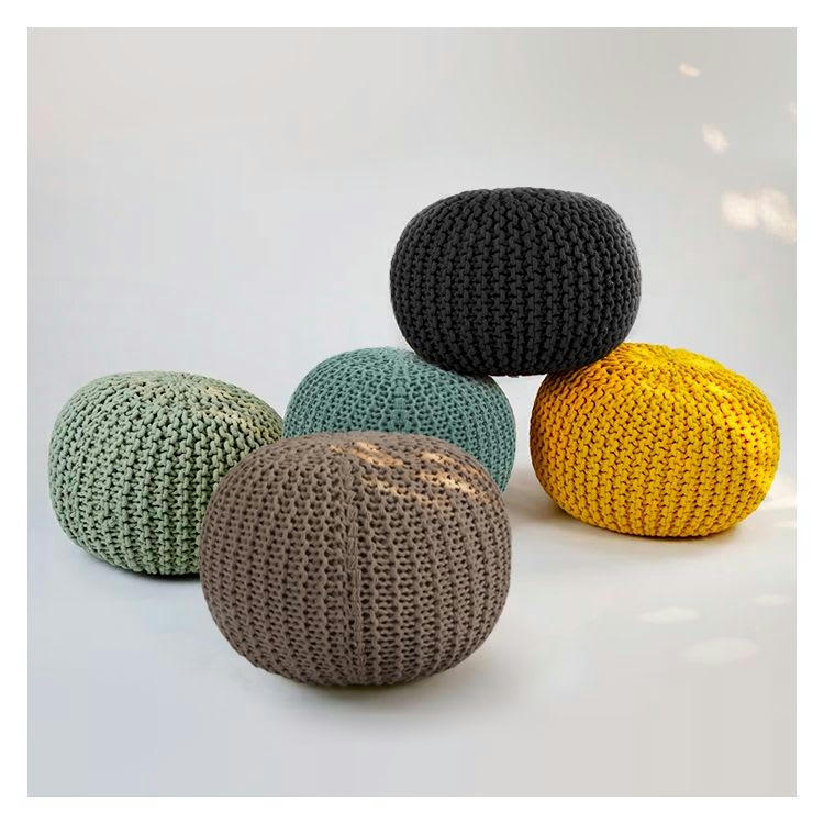 ELISA - Pouf tricot rond en coton bleu D40 cm
