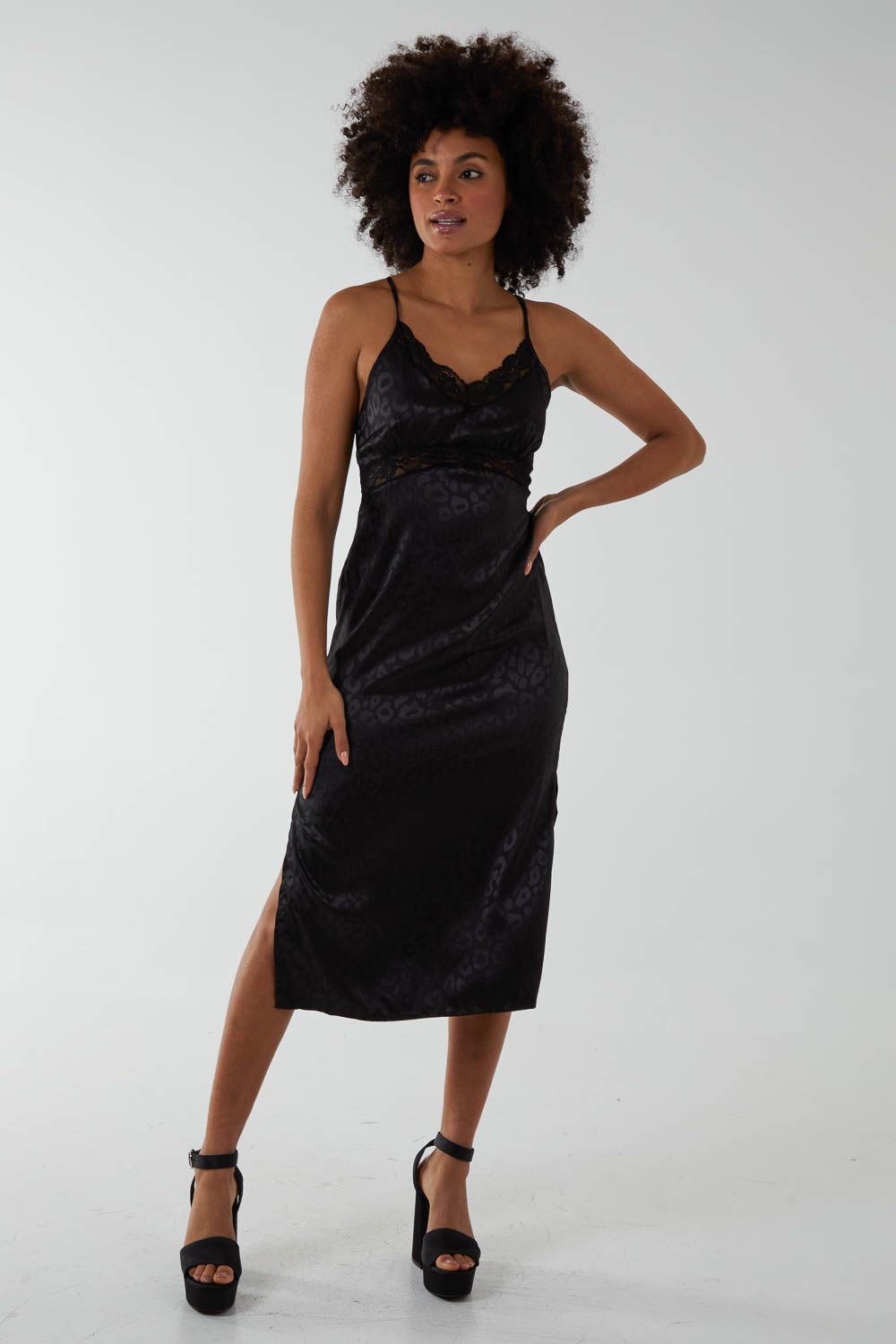 Blue Vanilla Jacquared Satin Slip Dress With Lace Det