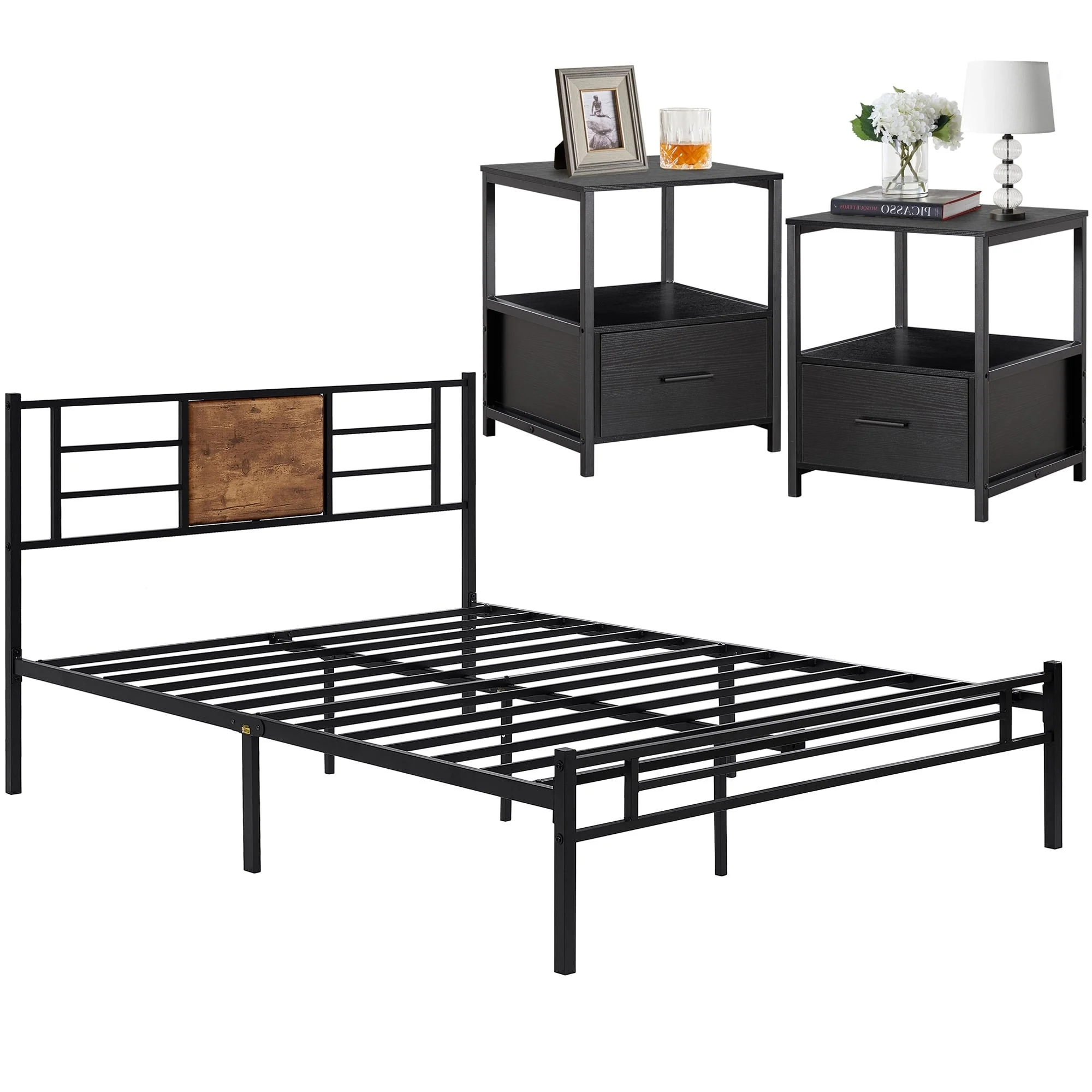 VECELO 3 Piece Queen Size Bedroom Set Platform Bed Frame and Nightstands Set of 2