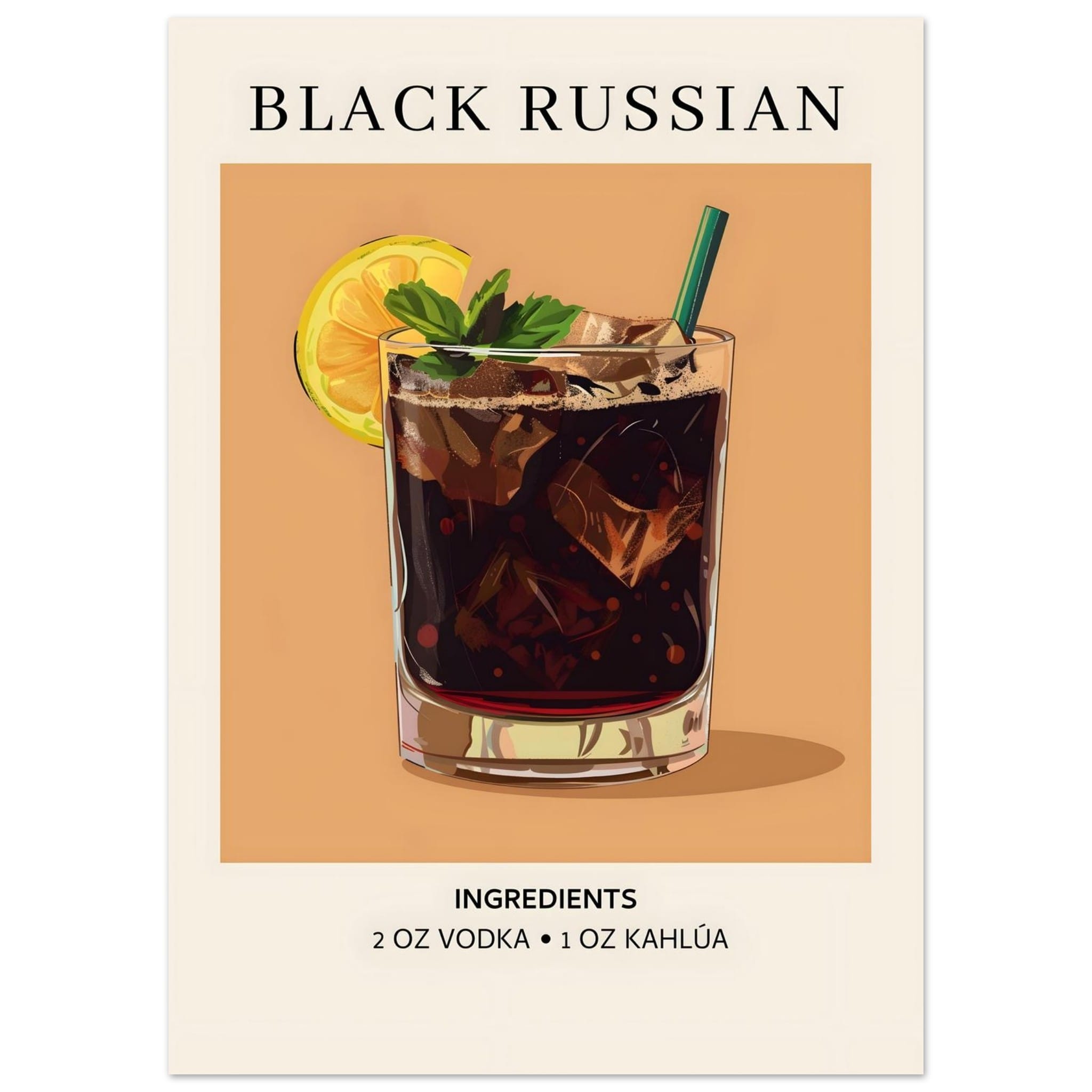 Artfulprints Poster Black Russian cocktail - Ingrediënten  - 50x70 cm - Bruin