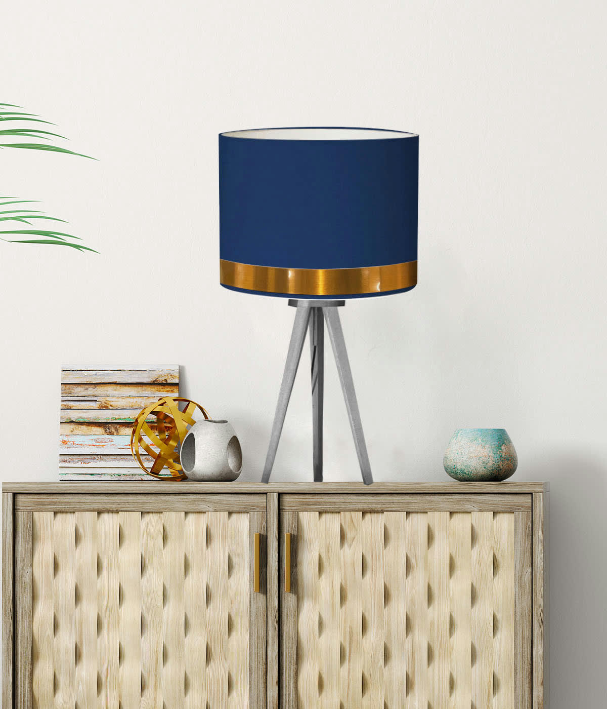 JONC - Abat-jour pour chevet rond bleu jonc cuivre D: 25 x H: 20