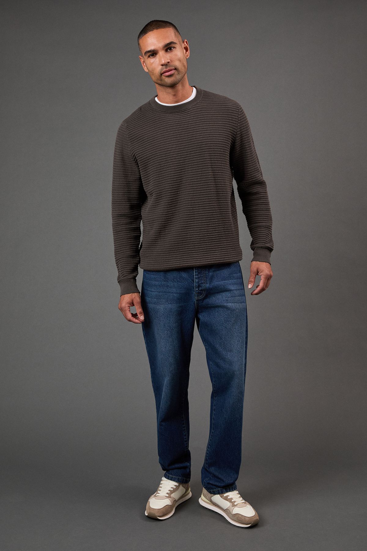Burton Khaki Waffle Crew Neck Knitted Jumper