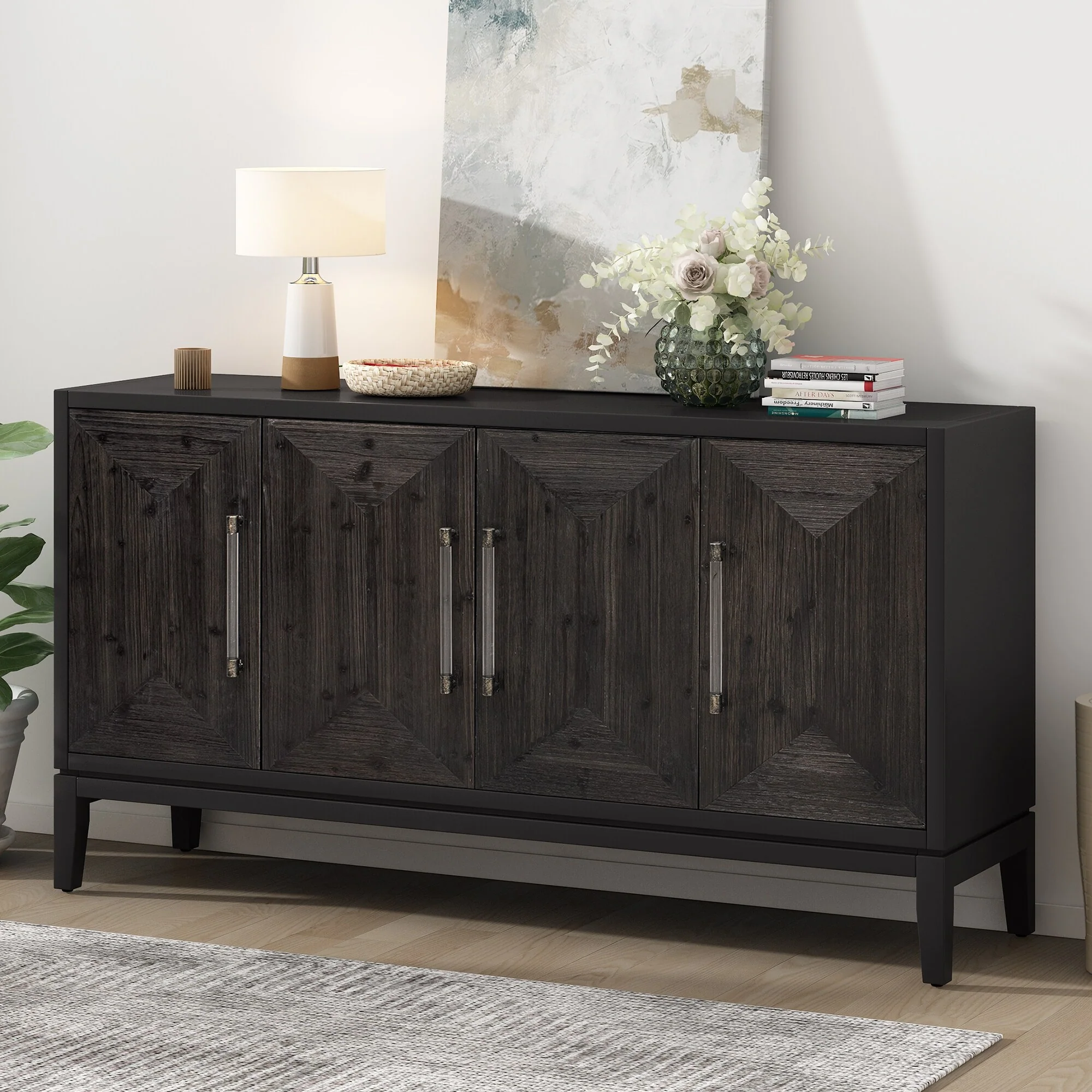 Wood Storage Cabinet 4-Door Sideboard with Brushed Doors, Kitchen Buffet Sideboard with Acrylic Handles for Kitchen