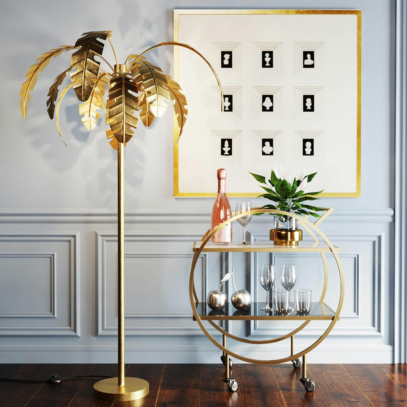 LOFT - Desserte en verre effet marbre blanc et acier doré