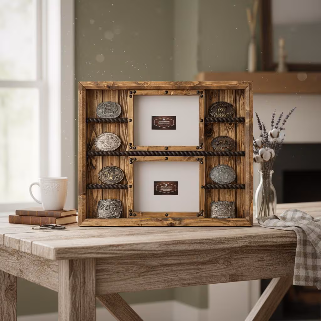 Belt Buckle Display Case With (2) 8x10 Picture Frames - Trophy Display Case holds 8 of your rodeo award buckles from barrels, poles,