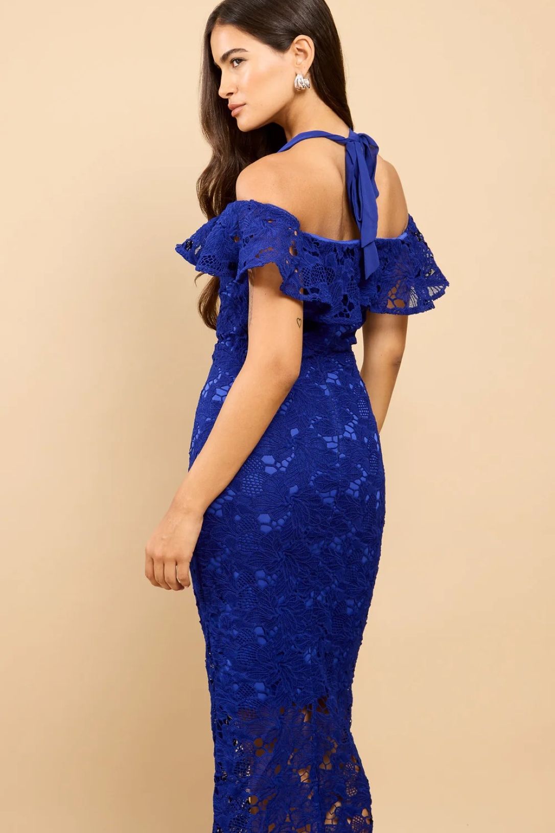 Little Mistress Blue Crochet Bardot Midaxi Dress
