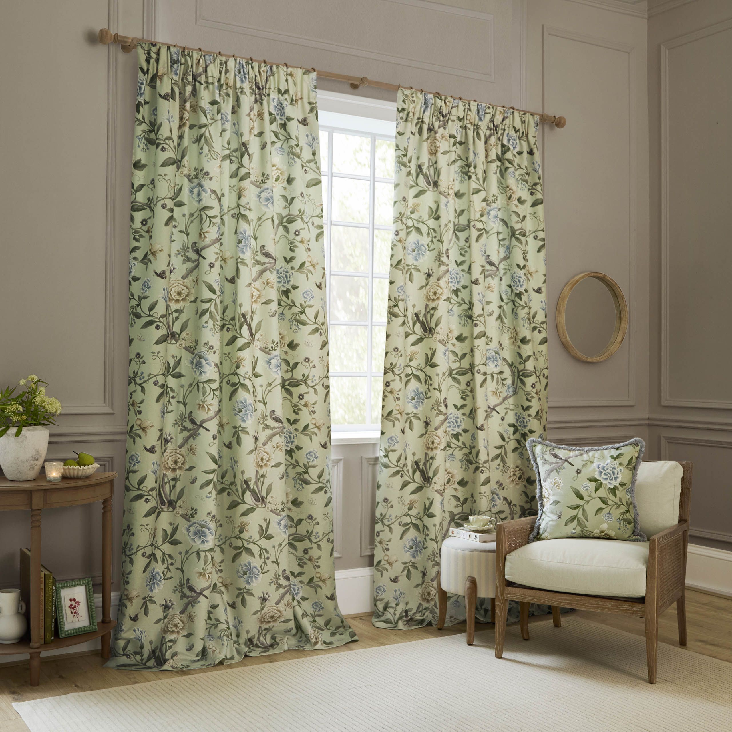 Sanderson Porcelain Garden Printed Chenille Room Darkening Pencil Pleat Curtains