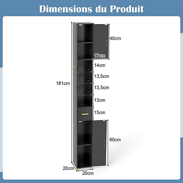 Colonne Salle de Bain Haute, Meuble Salle de Bain Etroit avec LED à 3 Couleurs, Portes, étagères Réglables, 20x20x180cm, Noir