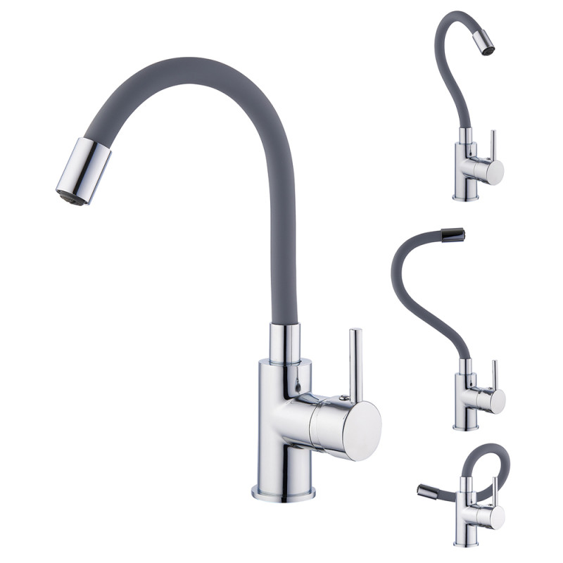 Mitigeur pour évier de cuisine Ilo avec bec articulé à mémoire de forme et vidage chrome et gris ROUSSEAU