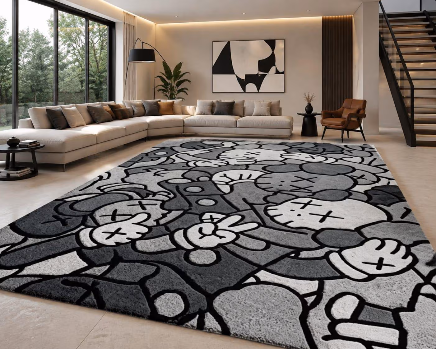 Modern Cartoon Area Rug, Black Gray Graphic Art Floor Carpet, Monochrome Designer Kids Playroom Living Room Rug, 3x5, 5x7, 6x9 Feet