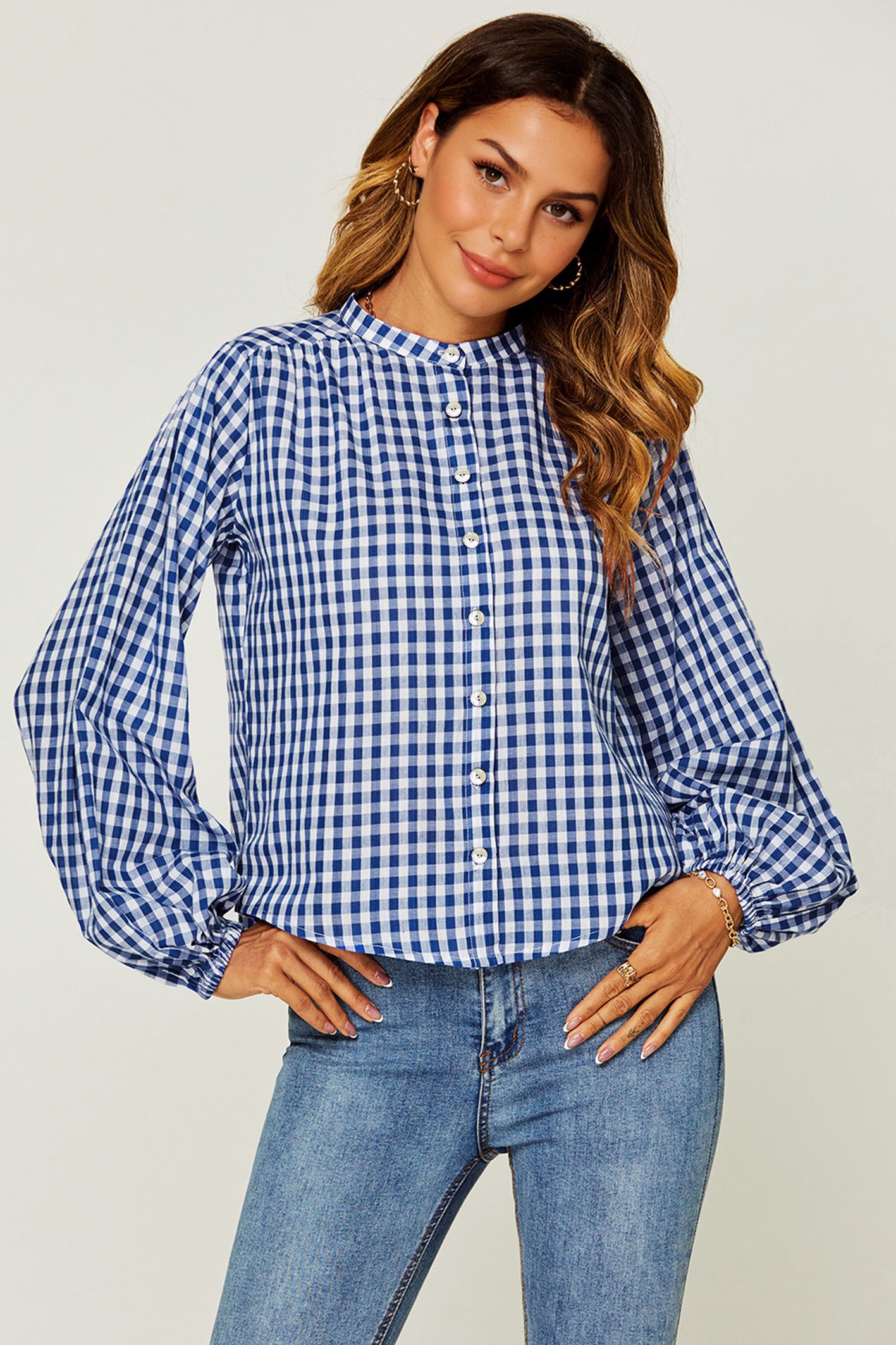 FS Collection Gingham Balloon Sleeve Blouse with Shell Buttons