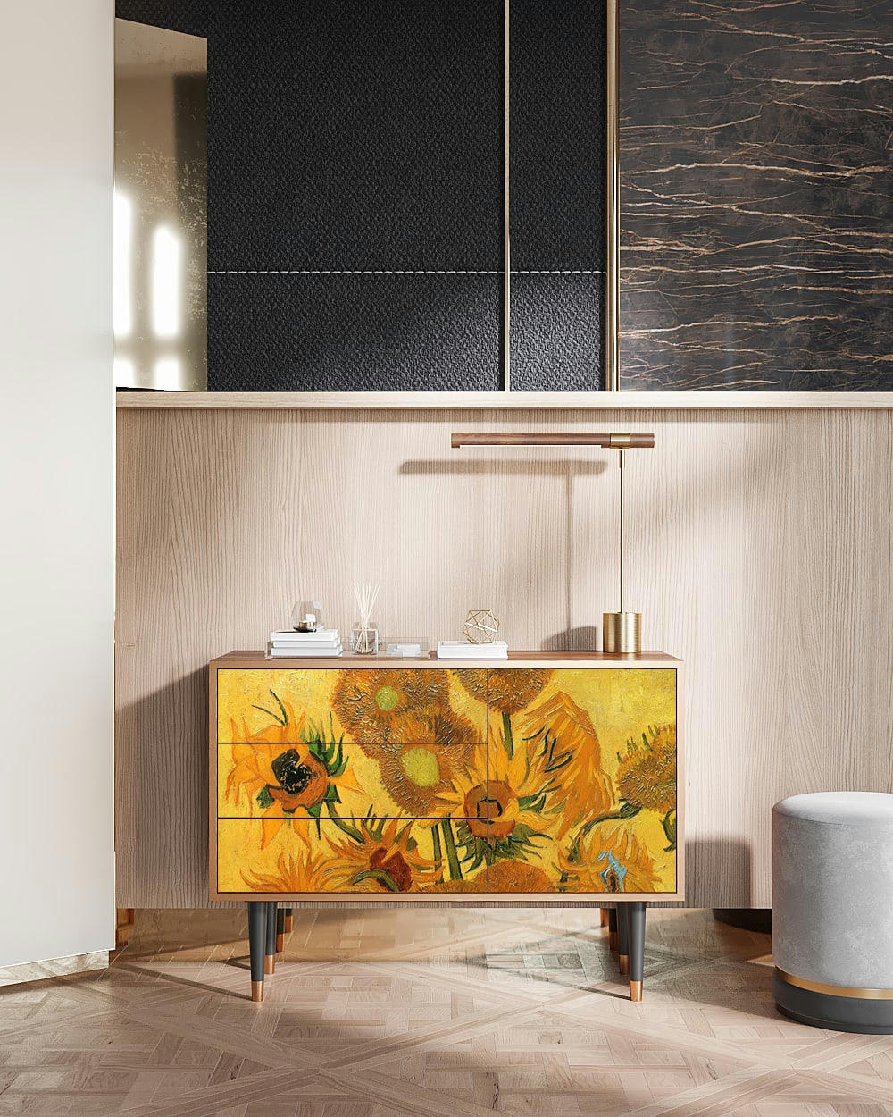 SUNFLOWERS BY VINCENT VAN GOGH - Buffet  jaune 3 tiroirs et 1 porte L 115 cm