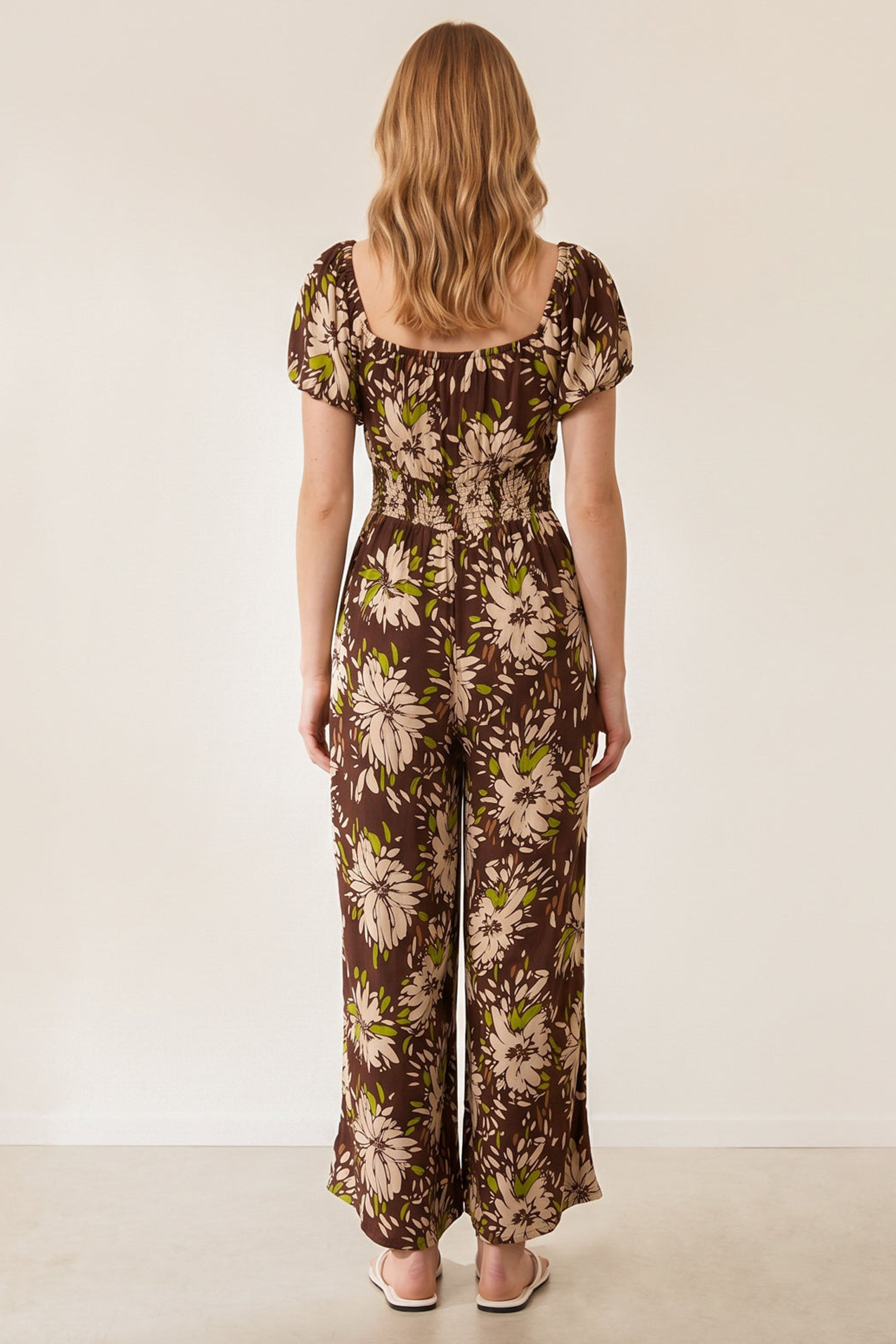 Blue Vanilla Brown Shirred Waist Wide Leg Jumpsuit