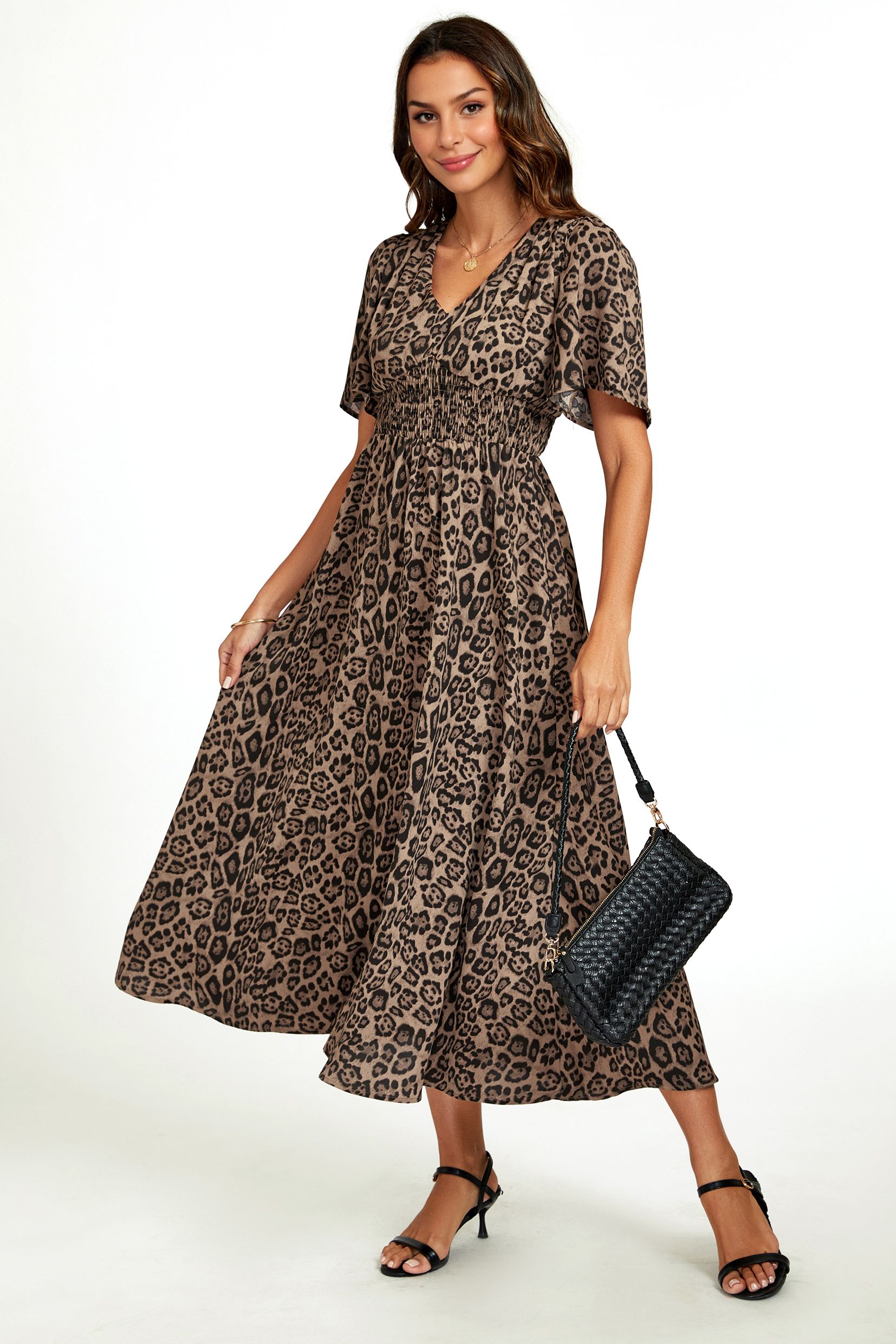 FS Collection Leopard Print V Neck Midi Dress In Brown