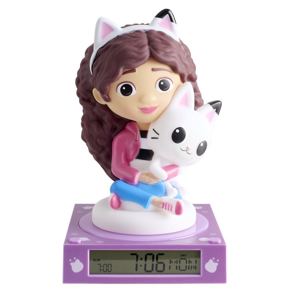 Lampe 3D réveil Gabby et son chat avec affichage date violet 13x13xH15cm