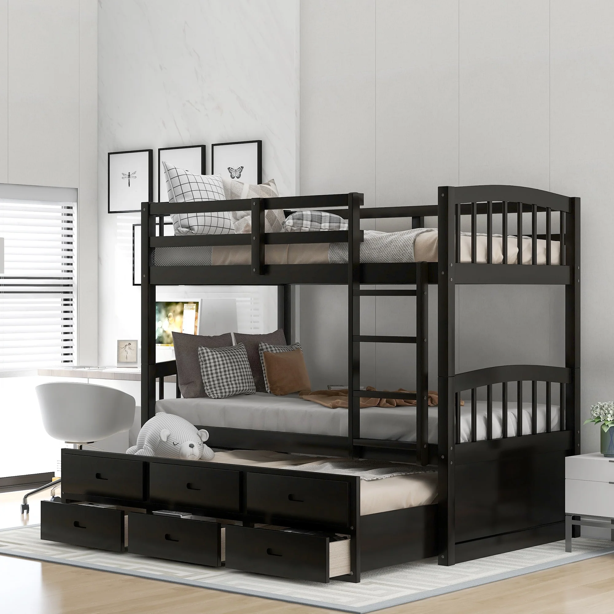 Nestfair Twin Over Twin Wood Bunk Bed with Trundle and Drawers