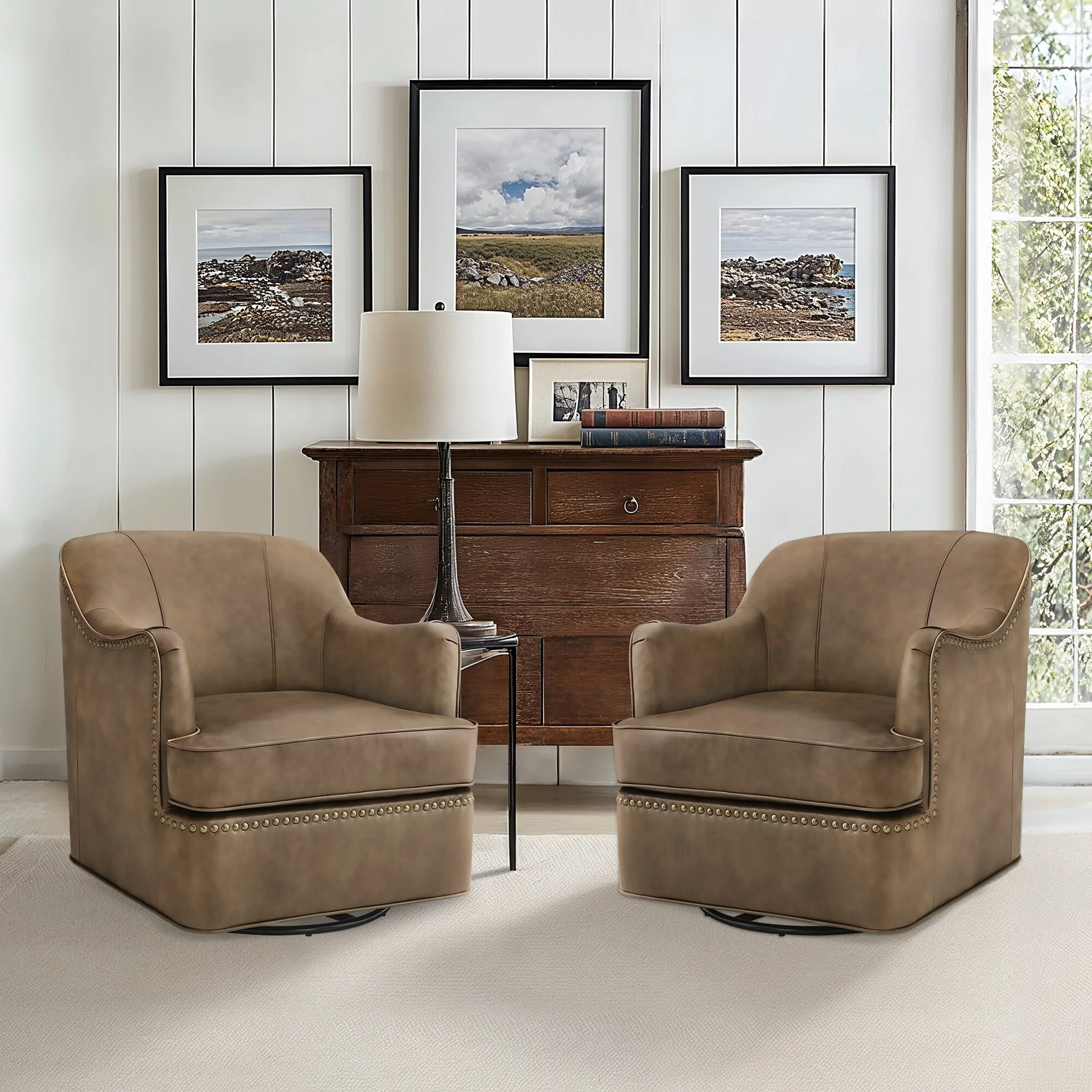 Set of 2 Genuine Leather Swivel Upholstered Accent Barrel Chair with Metal Base for Living Room