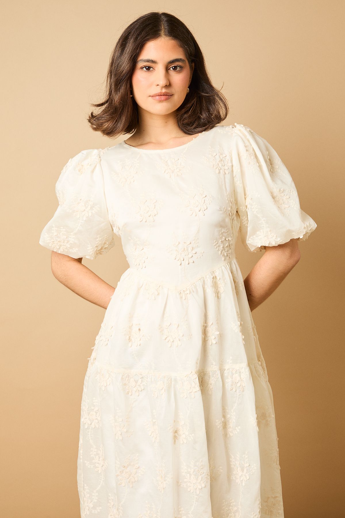 Oasis Floral Embroidered Puff Sleeve Midi Dress