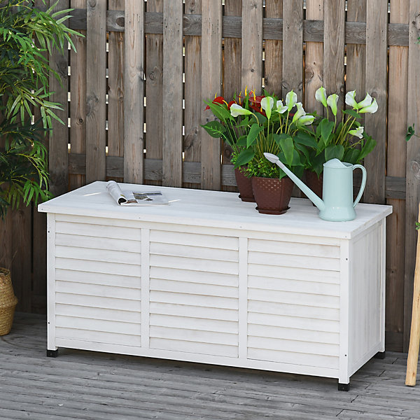 Coffre de rangement extérieur façade persienne - coffre jardin 283L - dim. 127 x 56 x 60cm - bois blanc