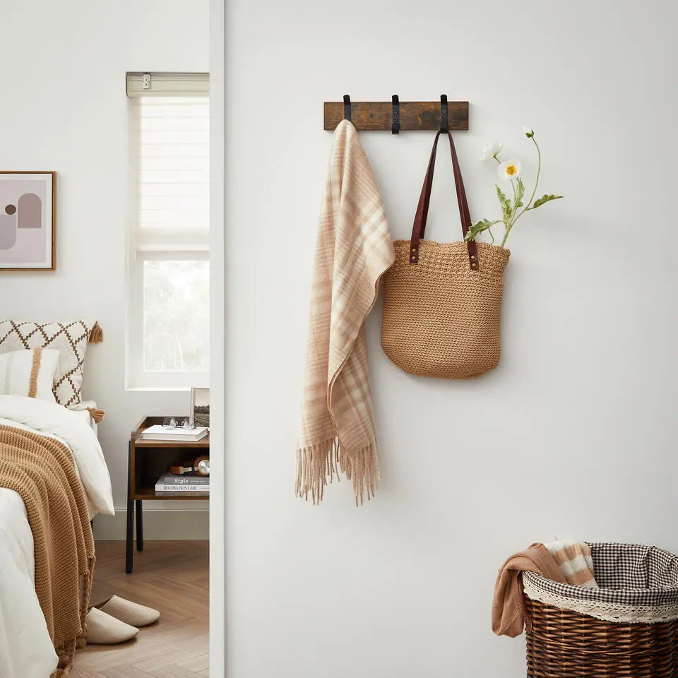 Wandkapstok met 6 Haken - compacte houten Muurkapstok - Vintage Bruin en Zwart