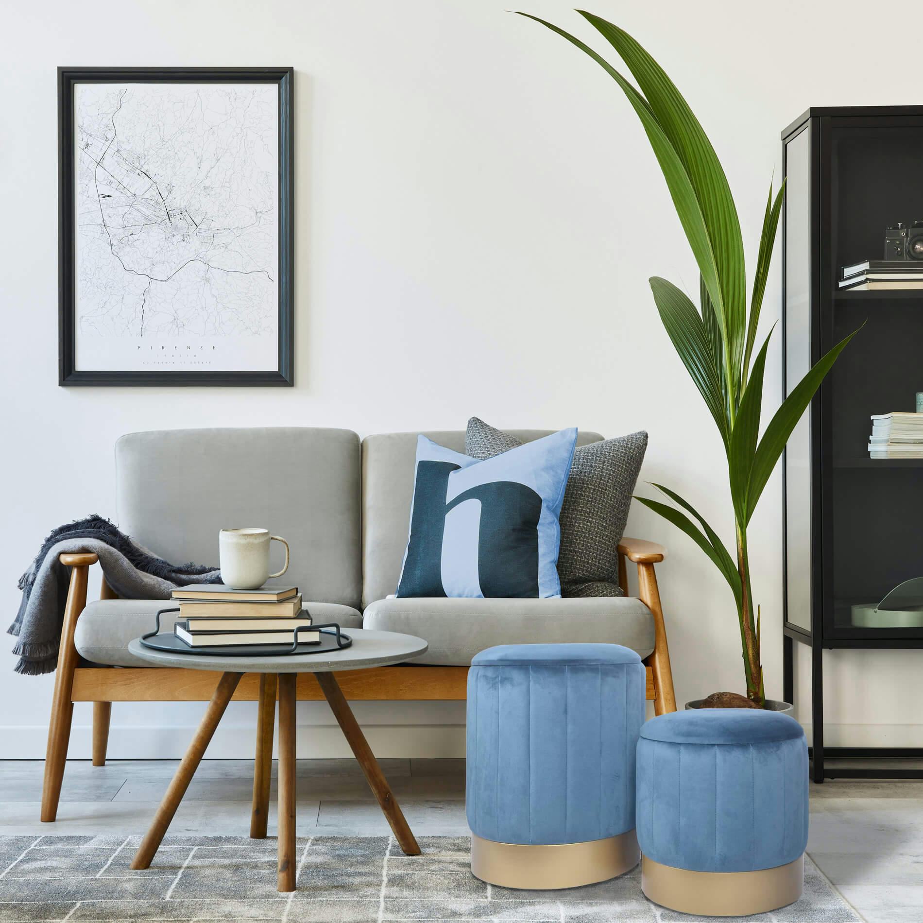 - Lot de 2 repose-pieds coffre de rangement en velours bleu