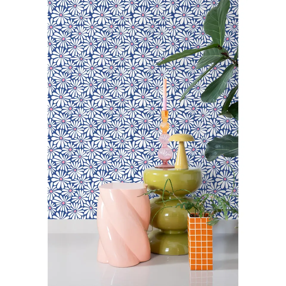 ESTAhome behang madeliefjes blauw en roze - 53 cm x 10.05 m