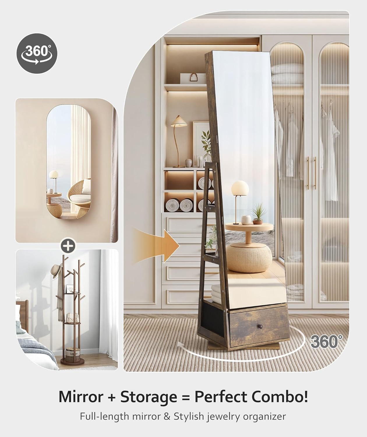 Nicetree 360°Swivel Jewelry Cabinet, Rotatable Full Length Mirror with Jewelry Storage, Standing Jewelry Armoire Organizer, Lockable Jewelry Organizer with 3 Rear Shelves, Bottom Drawer, Rustic Brown