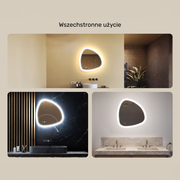 Lustro łazienkowe 64x64cm nieregularne - LED Dual, włącznik, mata grzewcza